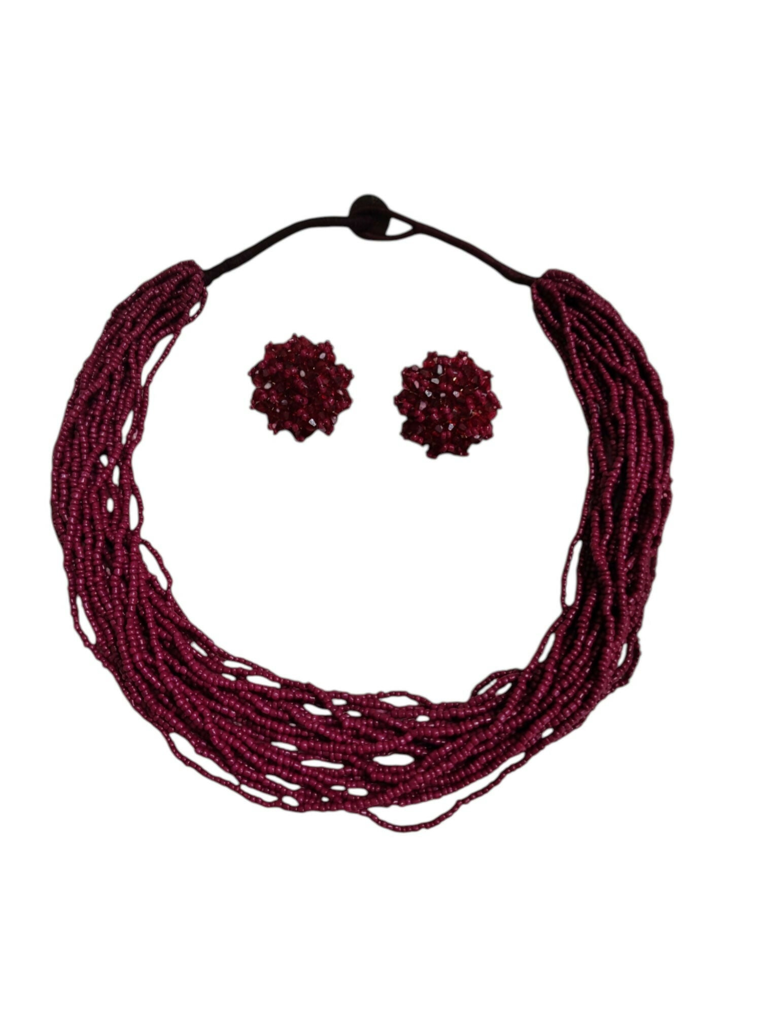 Inhanns Vibrant Handmade 20 Layers Beaded Necklace With Matching Earrings - Wine | Grocsy