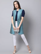 Even Apparels Blue Bansari Silk Open Front Women's Long Coat | Grocsy