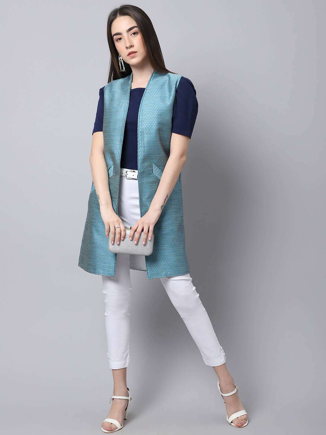 Even Apparels Blue Bansari Silk Open Front Women's Long Coat | Grocsy