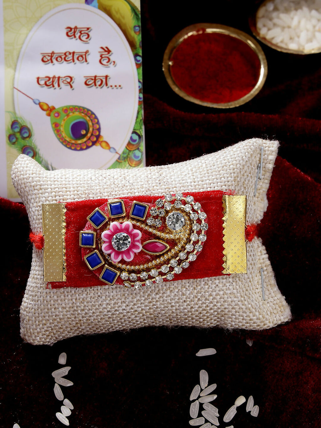NVR Men Red Stone-Studded Rakhi With Roli Chawal | Grocsy