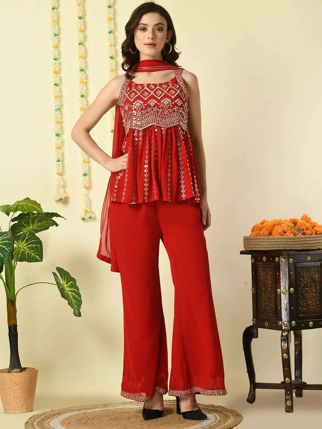 Myshka Women's Red Georgette Top & Palazzos With Dupatta Party Sets | Grocsy