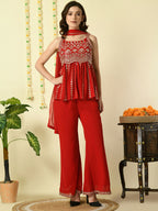 Myshka Women's Red Georgette Top & Palazzos With Dupatta Party Sets | Grocsy