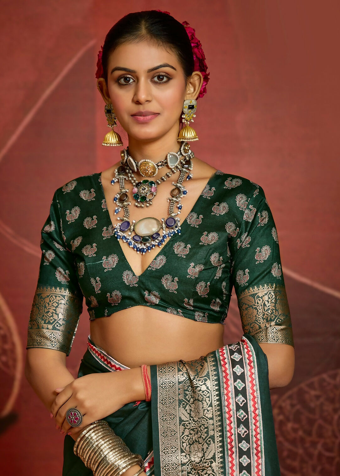 Joban Fashion Green Art Silk With Fine Viscose Border Ajrak Full Body Print With Soft Finish Saree | Grocsy