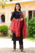 Yufta Women Black & Maroon Thread Work Pure Cotton Kurta with Palazzos & With Dupatta | Grocsy