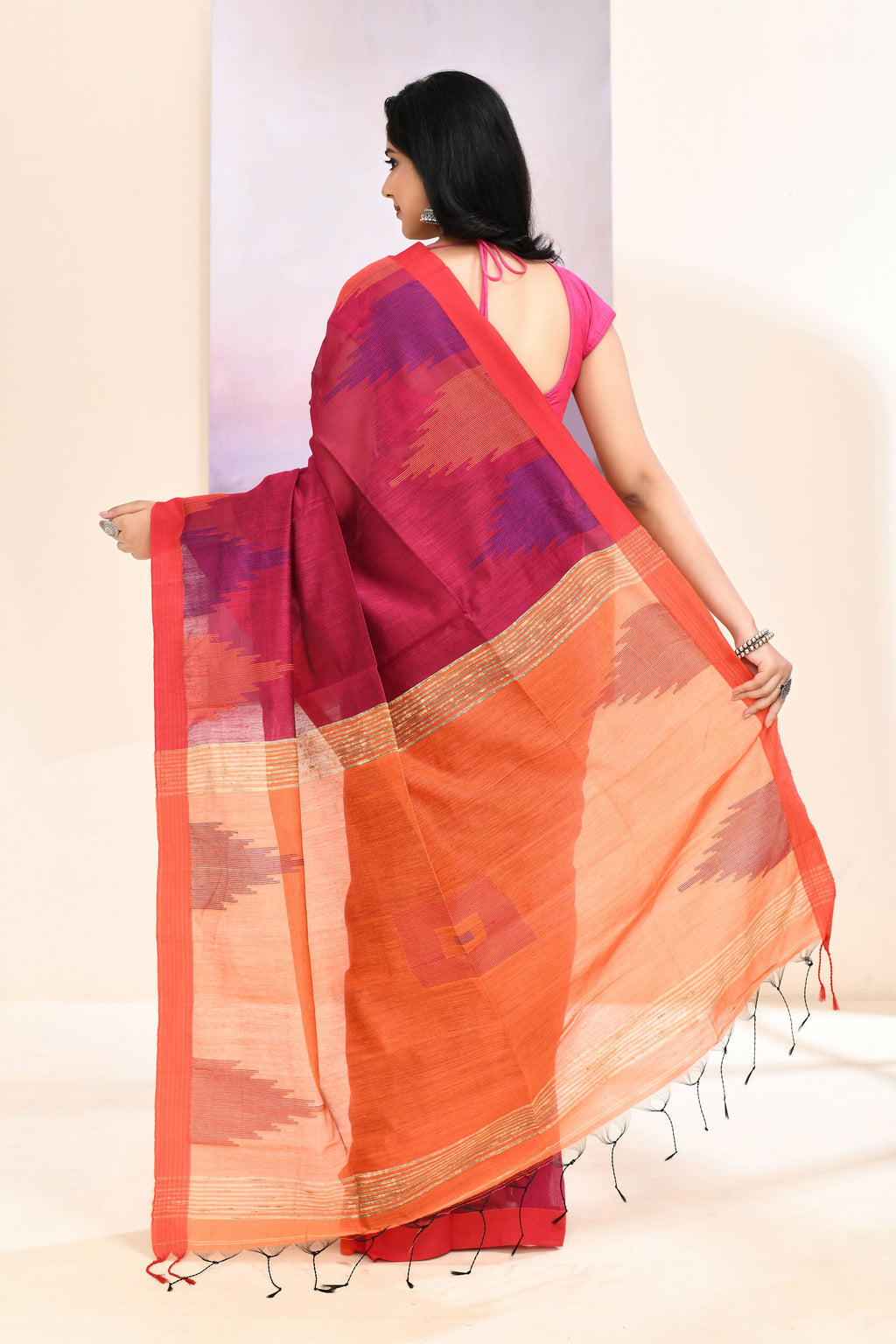 Piyari Fashion Women's Rani Temple Border Embellished Cotton Blend Jamdani Saree | Grocsy