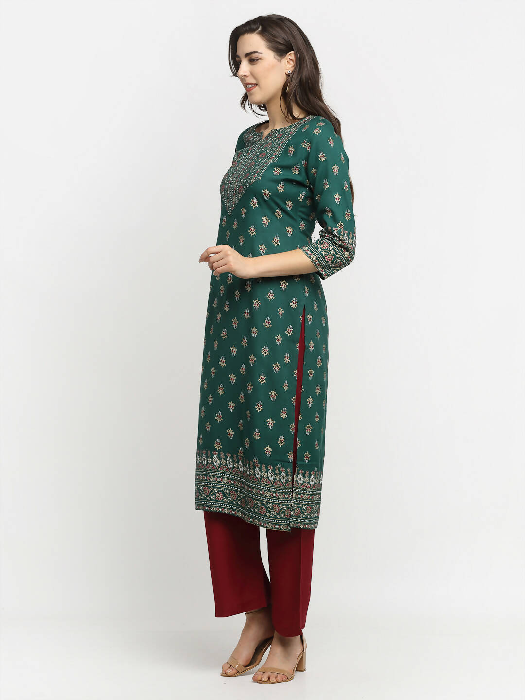 Rudra Bazaar Green Printed Yoke Designed Straight Kurta with Maroon Pyjamas | Grocsy