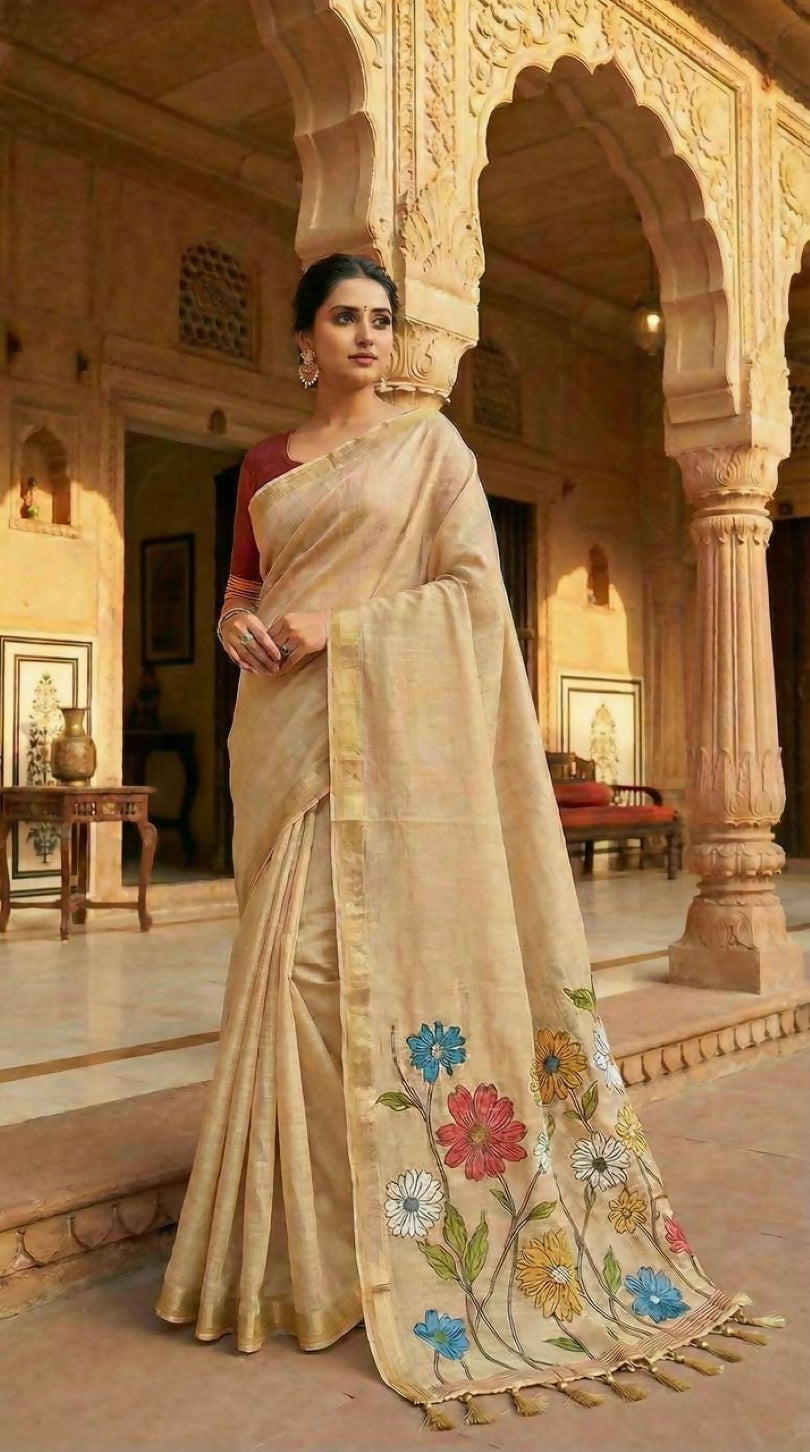 Vastranavya Cream Muga Cotton Meenakari & Azarakh Pallu Saree with Contrast Blouse | Grocsy