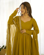 Teeya Creation Mustard Color Pure Roman Silk Chanderi Party Wear Fully Stitched Gown | Grocsy
