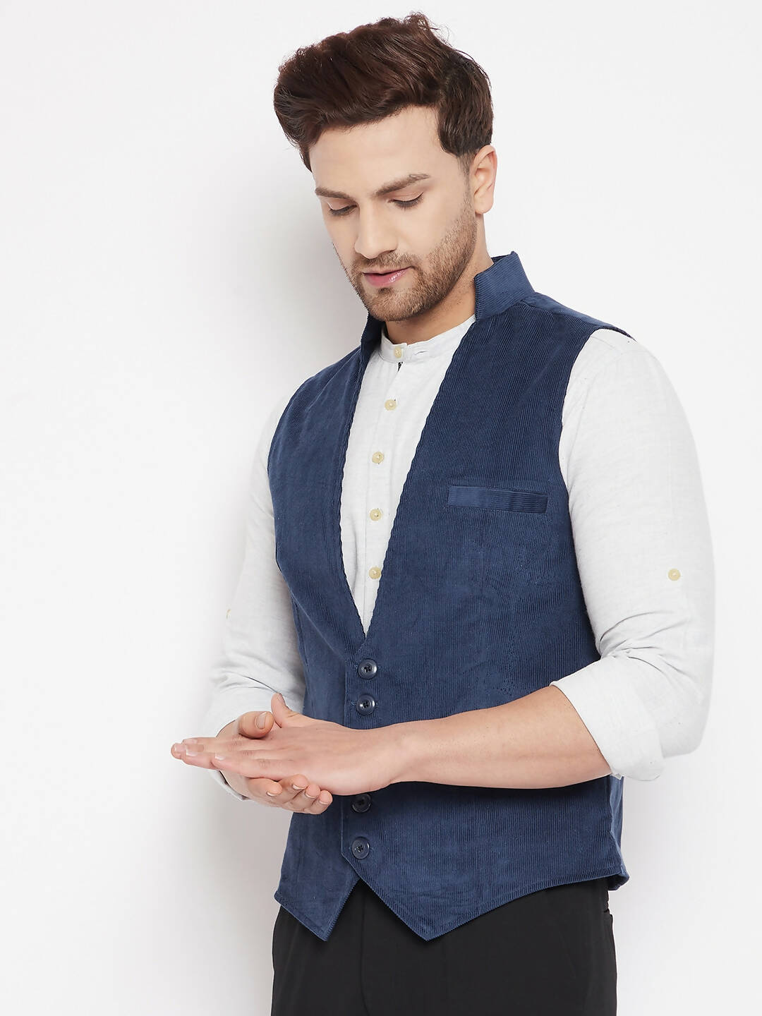 Even Apparels Blue Merino Men Woven Nehru Jacket | Grocsy