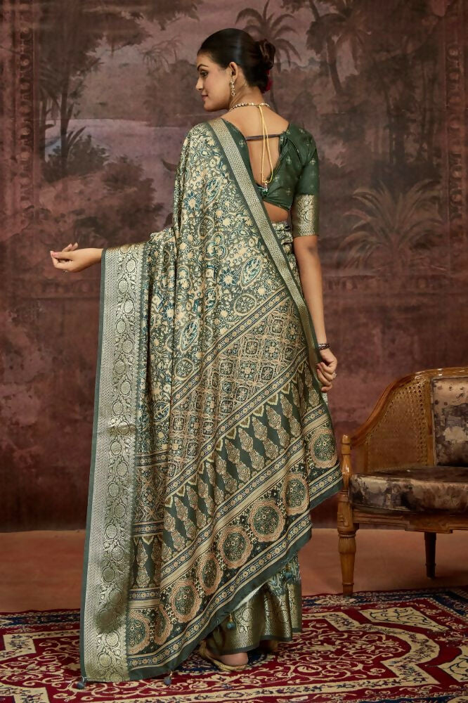 Joban Fashion Mehendi Green Dola Tussar Silk Self Jacquard Border Saree | Grocsy