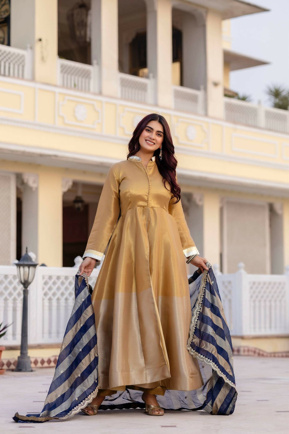 Teeya Creation Multi Color Pure Banarasi Viscose Wedding Wear Long Gown | Grocsy