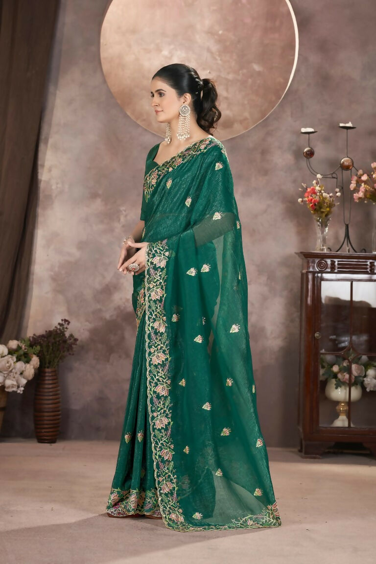 Vastranavya Gold Crunchy Multi Colour Threads Embroidery Work with Sequins Work Saree with Blouse material - Green | Grocsy