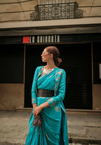 Firozi Blue Weavead Thread & Zari Work, Handloom Weaving Banarasi Satin Silk Saree - Rajtex Kronicle Silk | Grocsy