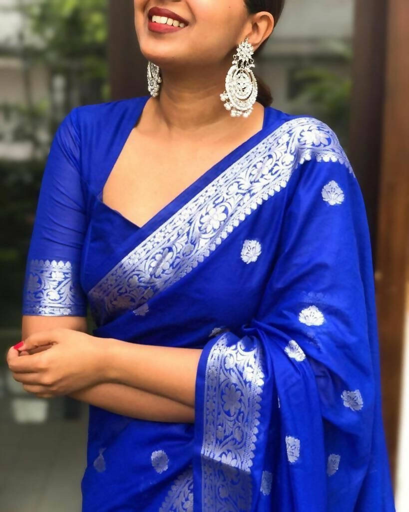 DEIANA'S Beautiful Designer Golden zari Soft Lichi Silk Saree - Royal Blue | Grocsy