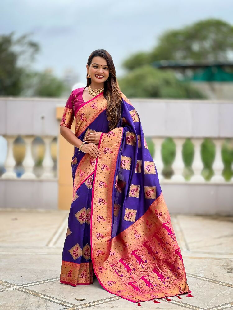 PR Fashion Violet Soft Banarasi Silk With Zari Weaving Meenakari Design Saree | Grocsy