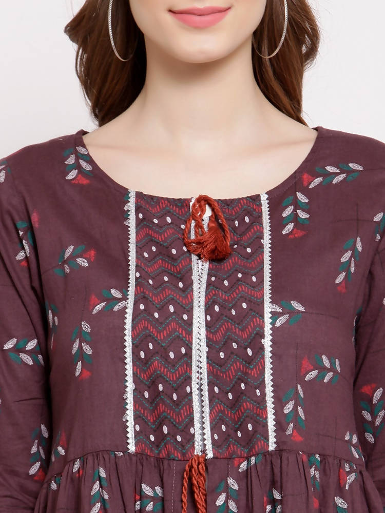 Myshka Women's Wine Cotton 3/4 Sleeve Round Neck Printed Casual Shrug | Grocsy