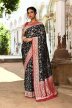 Joban Fashion Black Crepe Chiffon Pure Handloom Banarasi Silk Saree | Grocsy