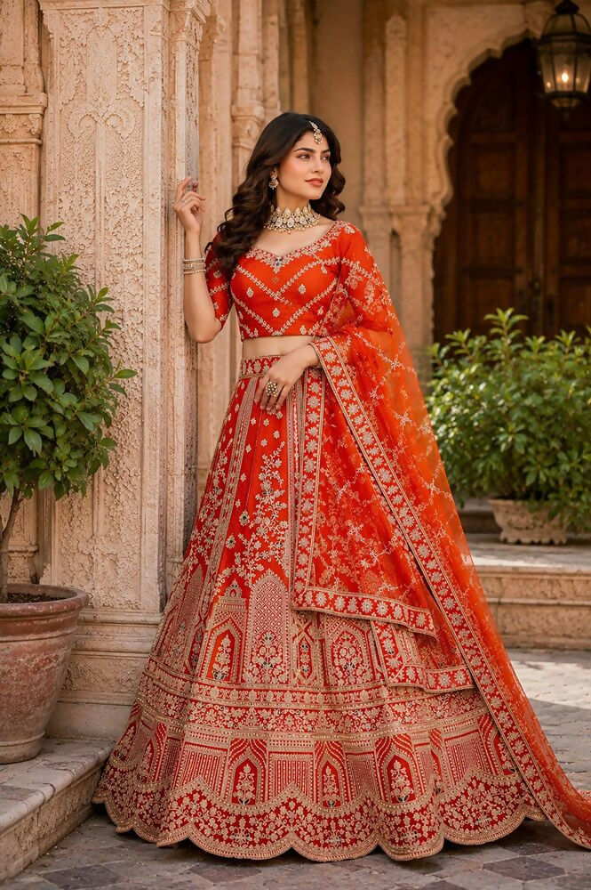 Lehenga Mart Orange Designer Wedding Wear Lehenga Choli | Grocsy