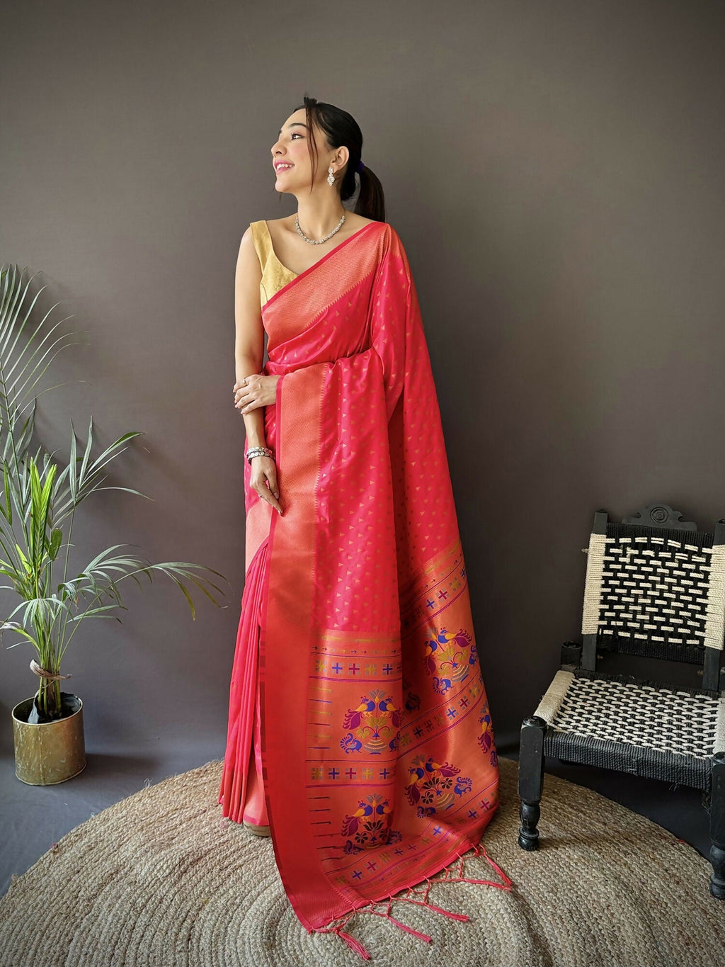 Joban Fashion Hot Pink Jacquard Butti Soft Lichi Silk Paithani Saree | Grocsy