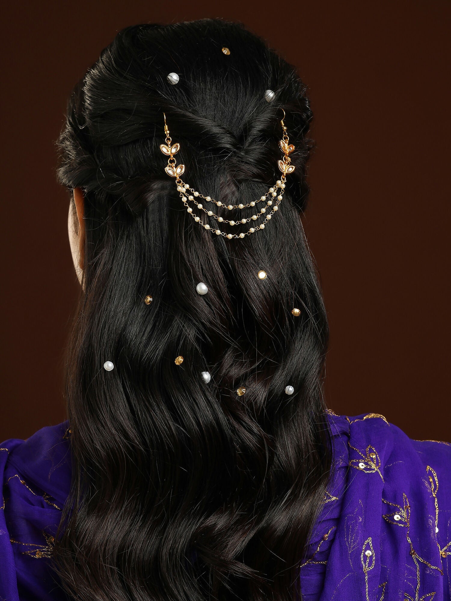 Ruby Raang Gold Kundan and Pearl Hair Jewelry | Grocsy