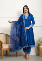 Festive Wear Ethnic Blue Silk wih cotton inner Stitched Suit With Dupatta - Tanisha | Grocsy