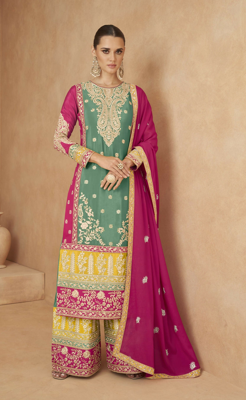 Anaita Sea Green Chiffon Suit with Embroidery Coding Sequence Work | Grocsy