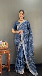 Vastranavya Sea Blue Chinnon Silk Embroidery Multi Sequence & Arco Cut Work Ready to Wear Saree | Grocsy