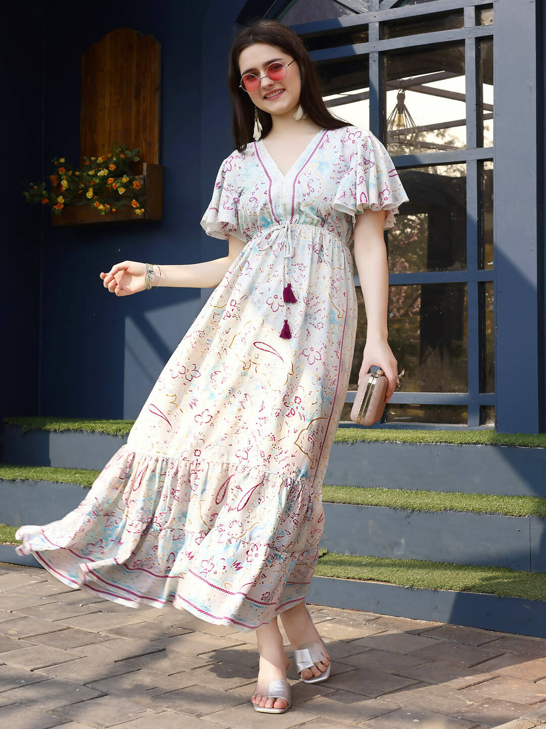 Off white Rayon Foil Printed Long Dress - Michan | Grocsy