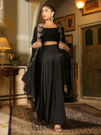 Janasya Black Georgette Solid Top Bottom Cape | Grocsy