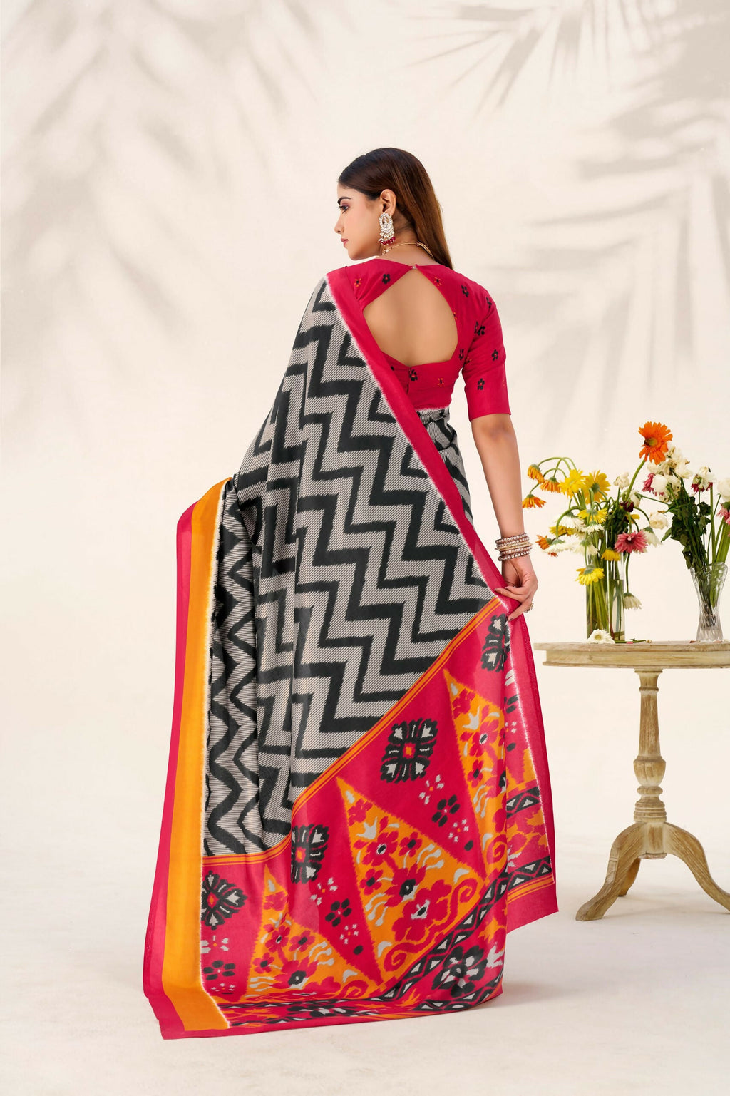 Vastranavya Black Tussar Silk Zigzag Waves Printed Saree with Unstitched Blouse | Grocsy