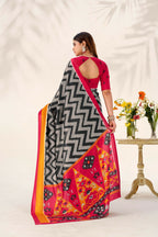 Vastranavya Black Tussar Silk Zigzag Waves Printed Saree with Unstitched Blouse | Grocsy