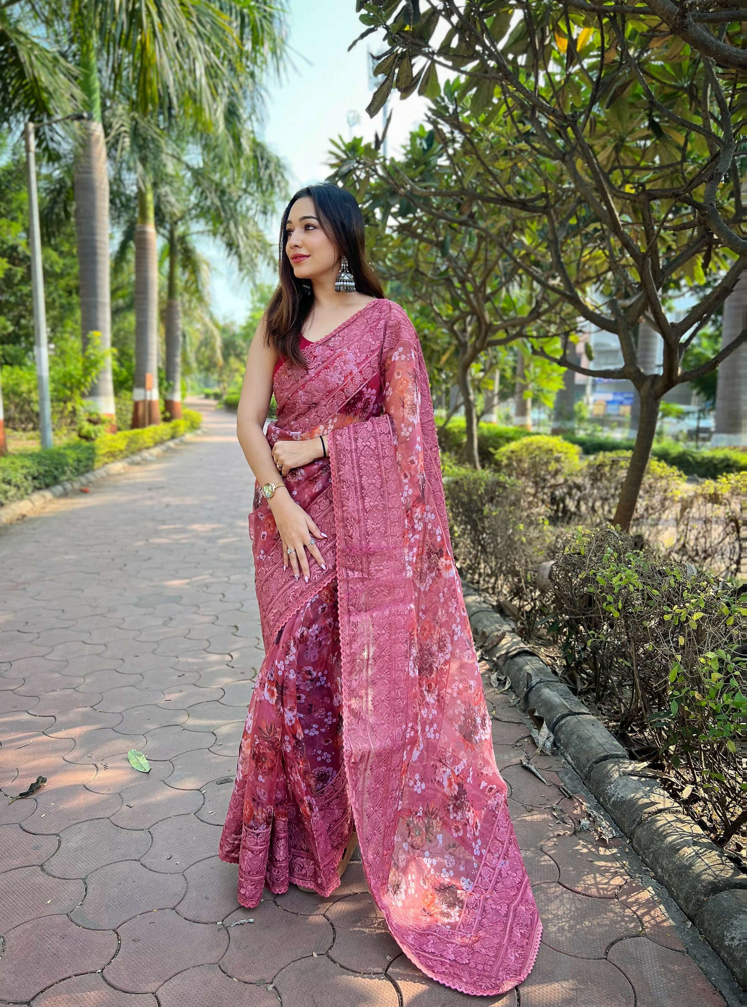 Vamsee Gunjan Pink Organza Saree | Grocsy