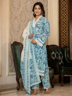 Yufta Light Blue Floral Print Straight Pakistani Style Kurta Trouser And Dupatta Set | Grocsy