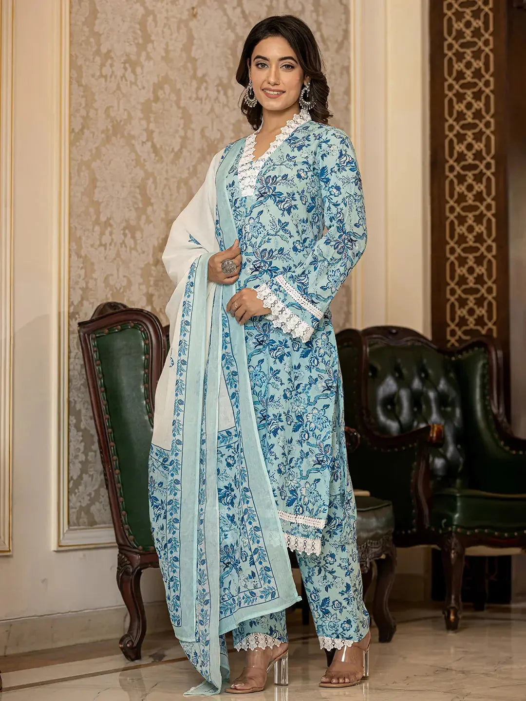 Yufta Light Blue Floral Print Straight Pakistani Style Kurta Trouser And Dupatta Set | Grocsy