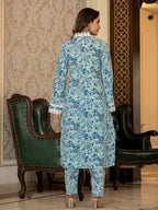 Yufta Light Blue Floral Print Straight Pakistani Style Kurta Trouser And Dupatta Set | Grocsy