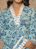 Yufta Light Blue Floral Print Straight Pakistani Style Kurta Trouser And Dupatta Set | Grocsy