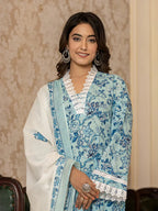 Yufta Light Blue Floral Print Straight Pakistani Style Kurta Trouser And Dupatta Set | Grocsy