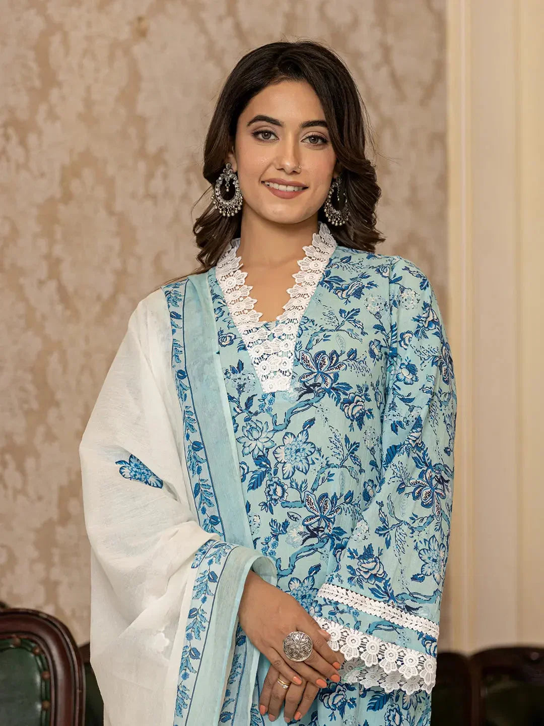 Yufta Light Blue Floral Print Straight Pakistani Style Kurta Trouser And Dupatta Set | Grocsy