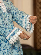Yufta Light Blue Floral Print Straight Pakistani Style Kurta Trouser And Dupatta Set | Grocsy