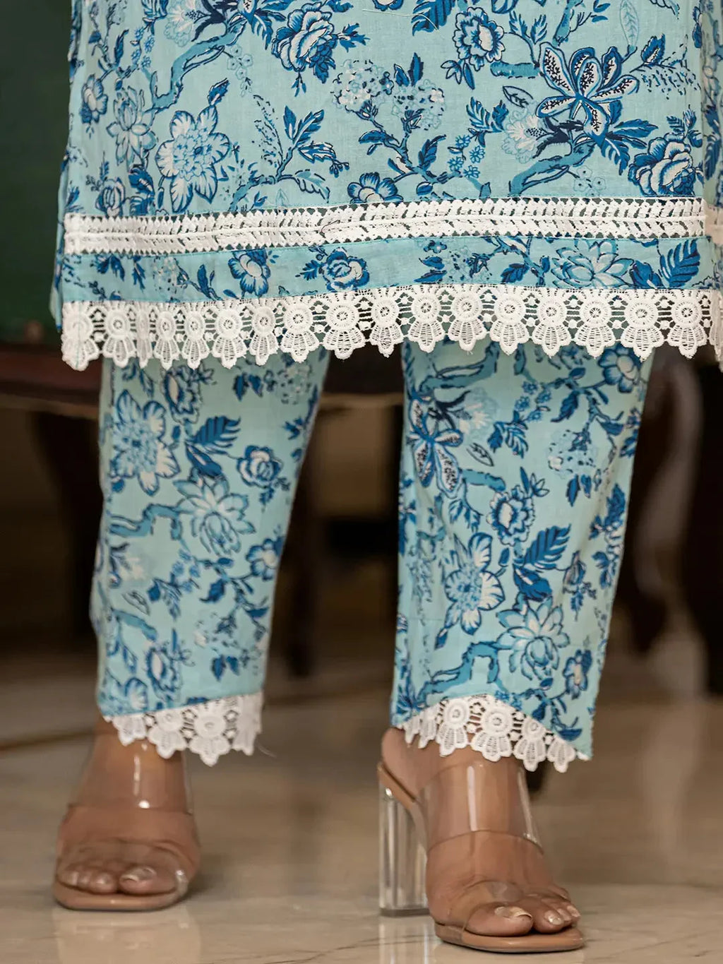 Yufta Light Blue Floral Print Straight Pakistani Style Kurta Trouser And Dupatta Set | Grocsy