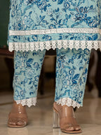 Yufta Light Blue Floral Print Straight Pakistani Style Kurta Trouser And Dupatta Set | Grocsy