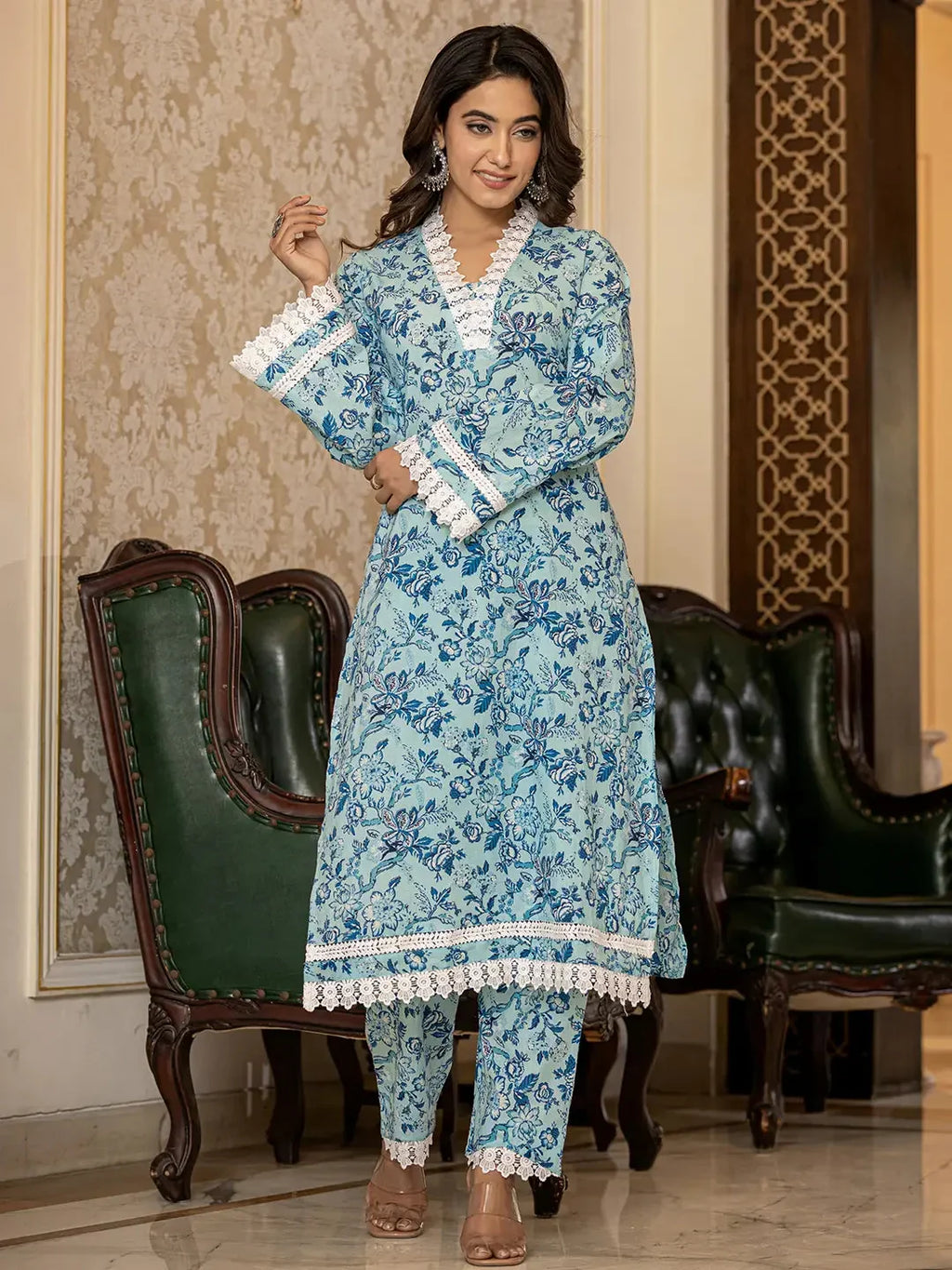 Yufta Light Blue Floral Print Straight Pakistani Style Kurta Trouser And Dupatta Set | Grocsy