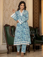 Yufta Light Blue Floral Print Straight Pakistani Style Kurta Trouser And Dupatta Set | Grocsy