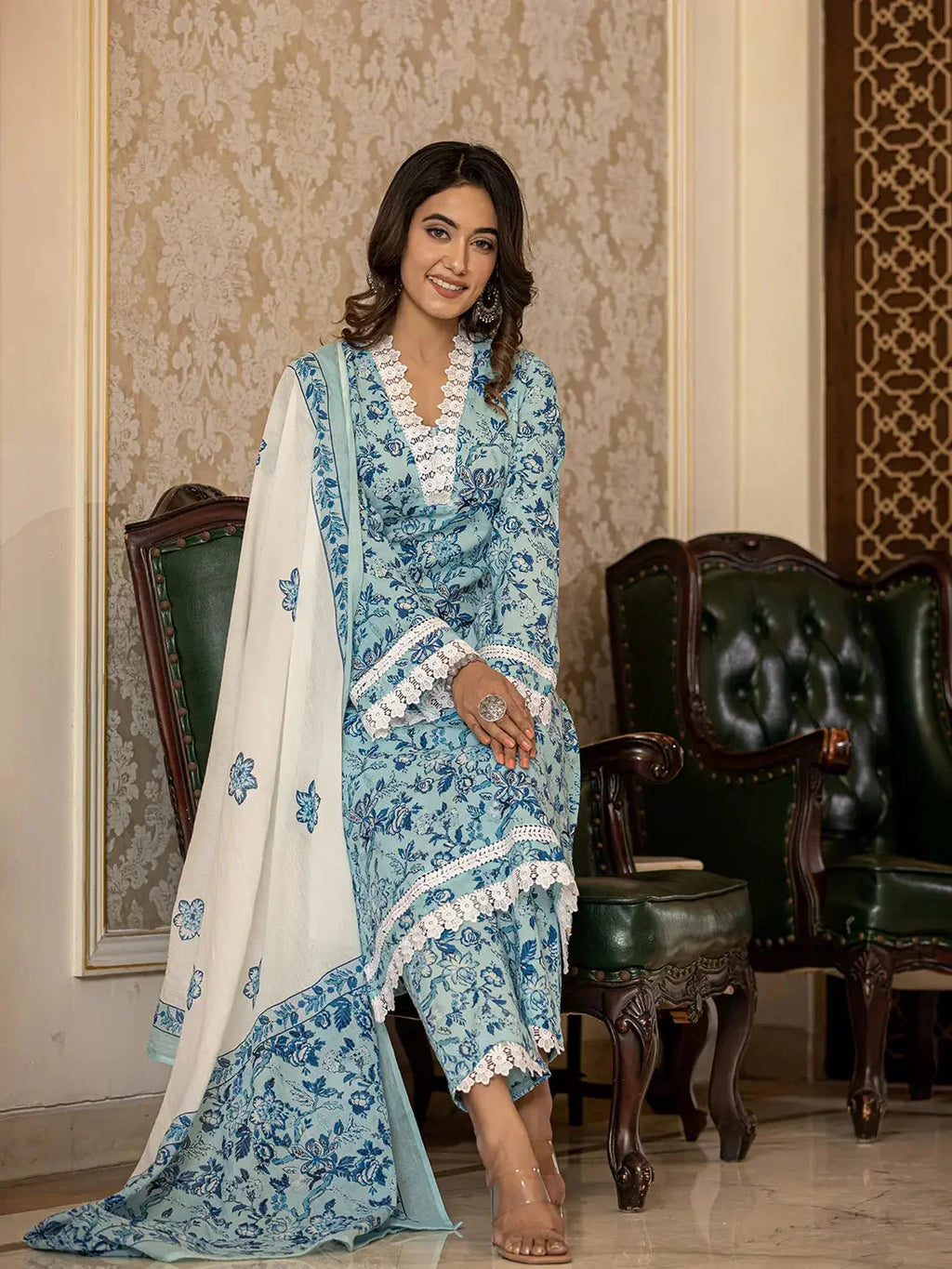 Yufta Light Blue Floral Print Straight Pakistani Style Kurta Trouser And Dupatta Set | Grocsy