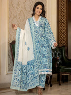 Yufta Light Blue Floral Print Straight Pakistani Style Kurta Trouser And Dupatta Set | Grocsy
