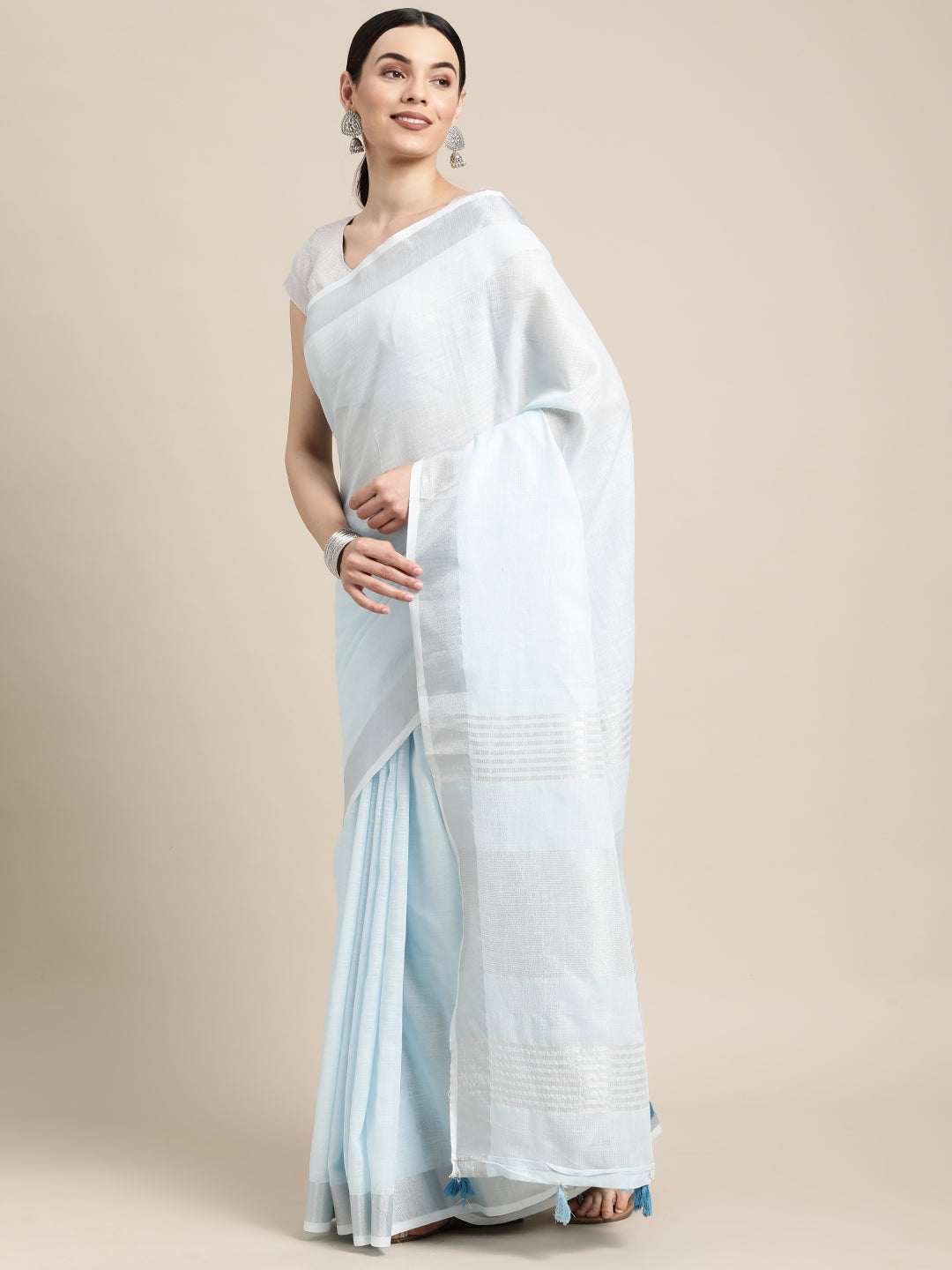 Anaita Blue Linen Saree With Blouse | Grocsy