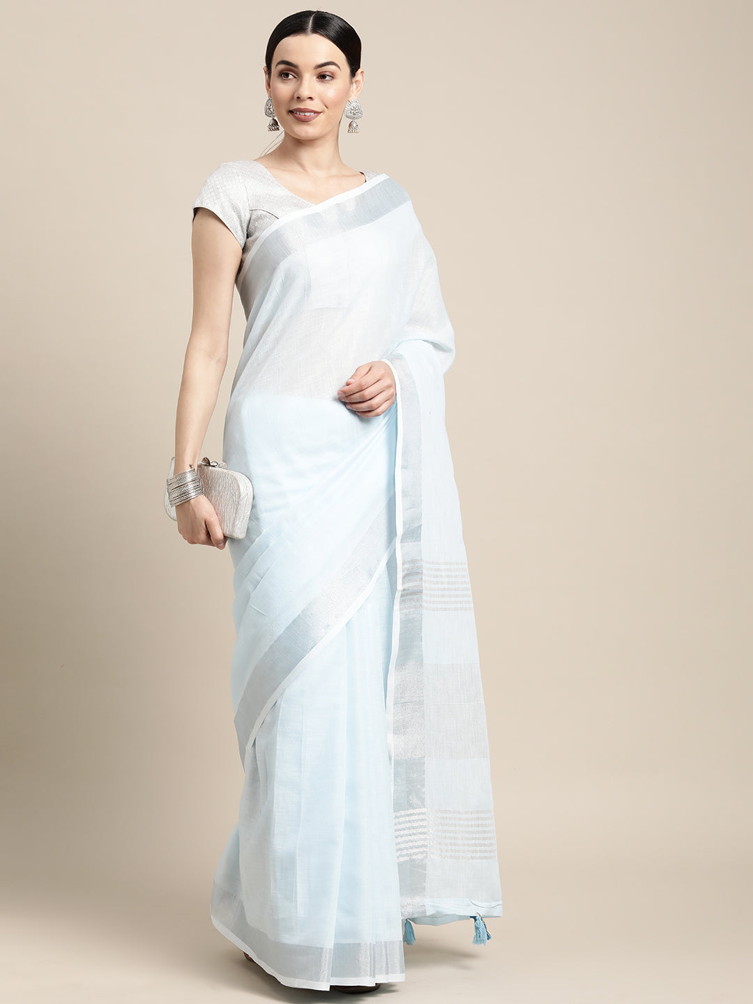 Anaita Blue Linen Saree With Blouse | Grocsy