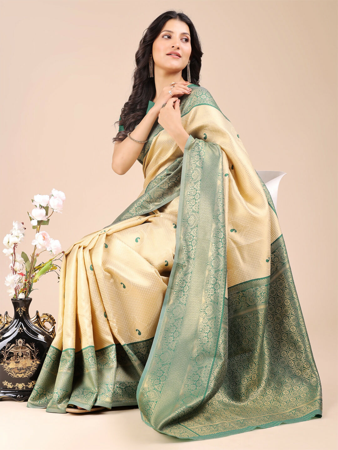 Shree Shyam Fashion Aura Silk Cream Green Banarasi Silk Saree | Grocsy