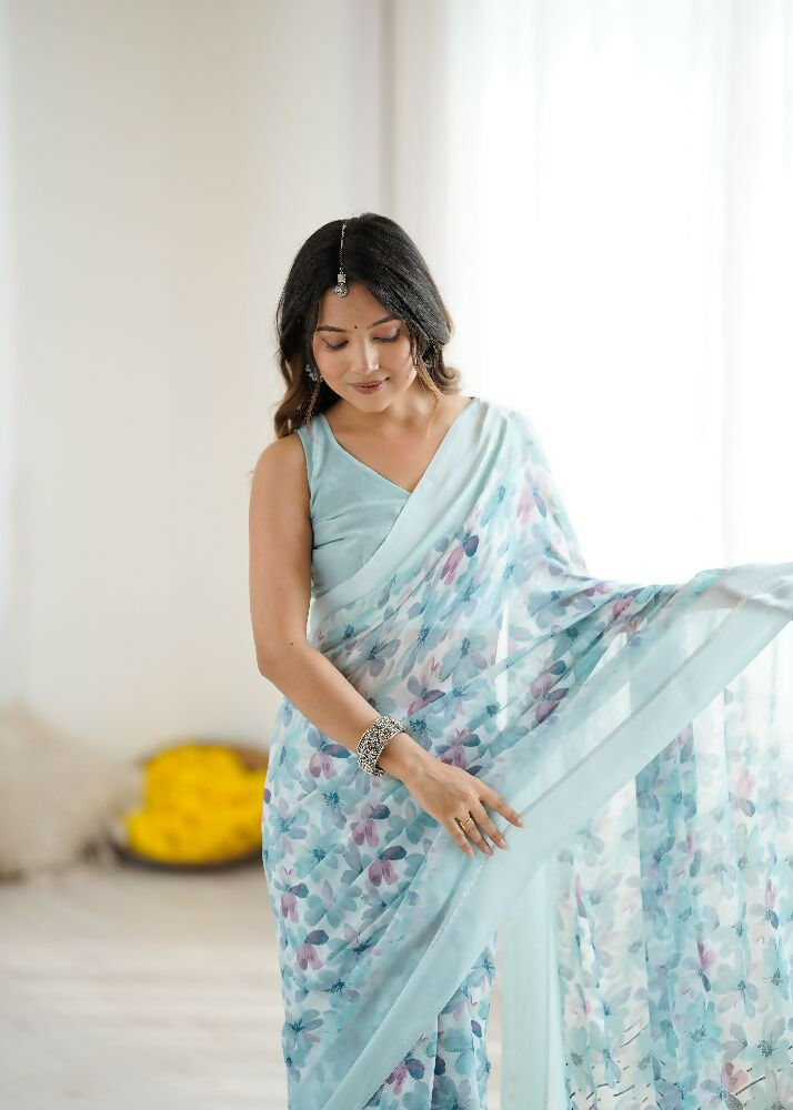 PR Fashion Sky_Blue Bright Moss Satin Patta Printed Saree | Grocsy