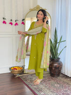 The52 Women's Viscose Embroidery work Straight Kurta with Pant and Dupatta Set | Grocsy
